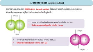 1. ขนาดอะตอม (atomic radius)
บอกขนาดอะตอมด้วย รัศมีอะตอม (atomic radius) ซึ่งมีค่าเท่ากับครึ่งหนึ่งของระยะระหว่าง
นิวเคลียสของอะตอมคู่ที่สร้างพันธะต่อกันหรือที่อยู่ชิดกัน
• ระยะห่างระหว่างนิวเคลียสของ ฟลูออรีน เท่ากับ 142 pm
• รัศมีอะตอมของฟลูออรีน เท่ากับ 71 pm
• ระยะห่างระหว่างนิวเคลียสของโบรมีน เท่ากับ 228 pm
• รัศมีอะตอมของโบรมีน เท่ากับ 114 pm
8
 