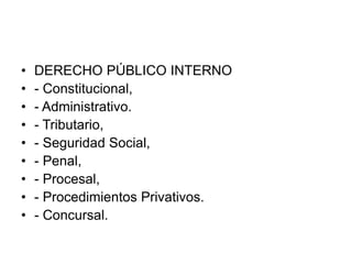 • DERECHO PÚBLICO INTERNO
• - Constitucional,
• - Administrativo.
• - Tributario,
• - Seguridad Social,
• - Penal,
• - Procesal,
• - Procedimientos Privativos.
• - Concursal.
 
