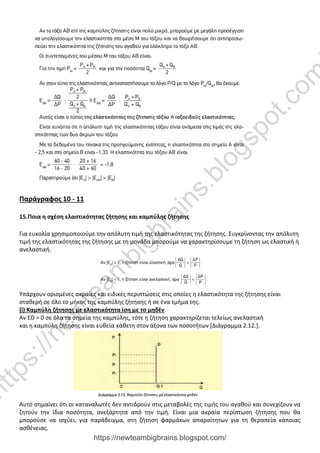 Παράγραφος 10 - 11
15.Ποια η σχέση ελαστικότητας ζήτησης και καμπύλης ζήτησης
Για ευκολία χρησιμοποιούμε την απόλυτη τιμή της ελαστικότητας της ζήτησης. Συγκρίνοντας την απόλυτη
τιμή της ελαστικότητας της ζήτησης με τη μονάδα μπορούμε να χαρακτηρίσουμε τη ζήτηση ως ελαστική ή
ανελαστική.
Υπάρχουν ορισμένες ακραίες και ειδικές περιπτώσεις στις οποίες η ελαστικότητα της ζήτησης είναι
σταθερή σε όλο το μήκος της καμπύλης ζήτησης ή σε ένα τμήμα της.
(i) Καμπύλη ζήτησης με ελαστικότητα ίση με το μηδέν
Αν ED = 0 σε όλα τα σημεία της καμπύλης, τότε η ζήτηση χαρακτηρίζεται τελείως ανελαστική
και η καμπύλη ζήτησης είναι ευθεία κάθετη στον άξονα των ποσοτήτων [Διάγραμμα 2.12.].
Αυτό σημαίνει ότι οι καταναλωτές δεν αντιδρούν στις μεταβολές της τιμής του αγαθού και συνεχίζουν να
ζητούν την ίδια ποσότητα, ανεξάρτητα από την τιμή. Είναι μια ακραία περίπτωση ζήτησης που θα
μπορούσε να ισχύει, για παράδειγμα, στη ζήτηση φαρμάκων απαραίτητων για τη θεραπεία κάποιας
ασθένειας.
https://newteambigbrains.blogspot.com/
h
t
t
p
s
:
/
/
n
e
w
t
e
a
m
b
i
g
b
r
a
i
n
s
.
b
l
o
g
s
p
o
t
.
c
o
m
 