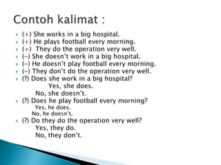  (+) She works in a big hospital.
 (+) He plays football every morning.
 (+) They do the operation very well.
 (-) She doesn’t work in a big hospital.
 (-) He doesn’t play football every morning.
 (-) They don’t do the operation very well.
 (?) Does she work in a big hospital?
Yes, she does.
No, she doesn’t.
 (?) Does he play football every morning?
Yes, he does.
No, he doesn’t.
 (?) Do they do the operation very well?
Yes, they do.
No, they don’t.
 