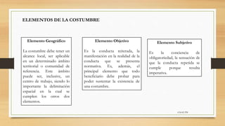 6:56:42 PM
ELEMENTOS DE LA COSTUMBRE
Elemento Geográfico
La costumbre debe tener un
alcance local, ser aplicable
en un determinado ámbito
territorial o comunidad de
referencia. Este ámbito
puede ser, inclusive, un
centro de trabajo, siendo lo
importante la delimitación
espacial en la cual se
cumplen los otros dos
elementos.
Elemento Objetivo
Es la conducta reiterada, la
manifestación en la realidad de la
conducta que se presenta
normativa. Es, además, el
principal elemento que todo
beneficiario debe probar para
poder sustentar la existencia de
una costumbre.
Elemento Subjetivo
Es la conciencia de
obligatoriedad, la sensación de
que la conducta repetida se
cumple porque resulta
imperativa.
 