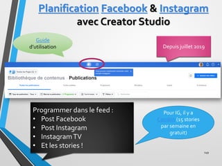 Planification Facebook & Instagram
avec Creator Studio
149
Depuis juillet 2019
Programmer dans le feed :
• Post Facebook
•...