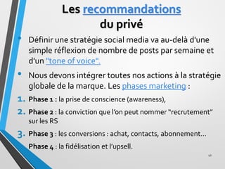 Les recommandations
du privé
• Définir une stratégie social media va au-delà d'une
simple réflexion de nombre de posts par...