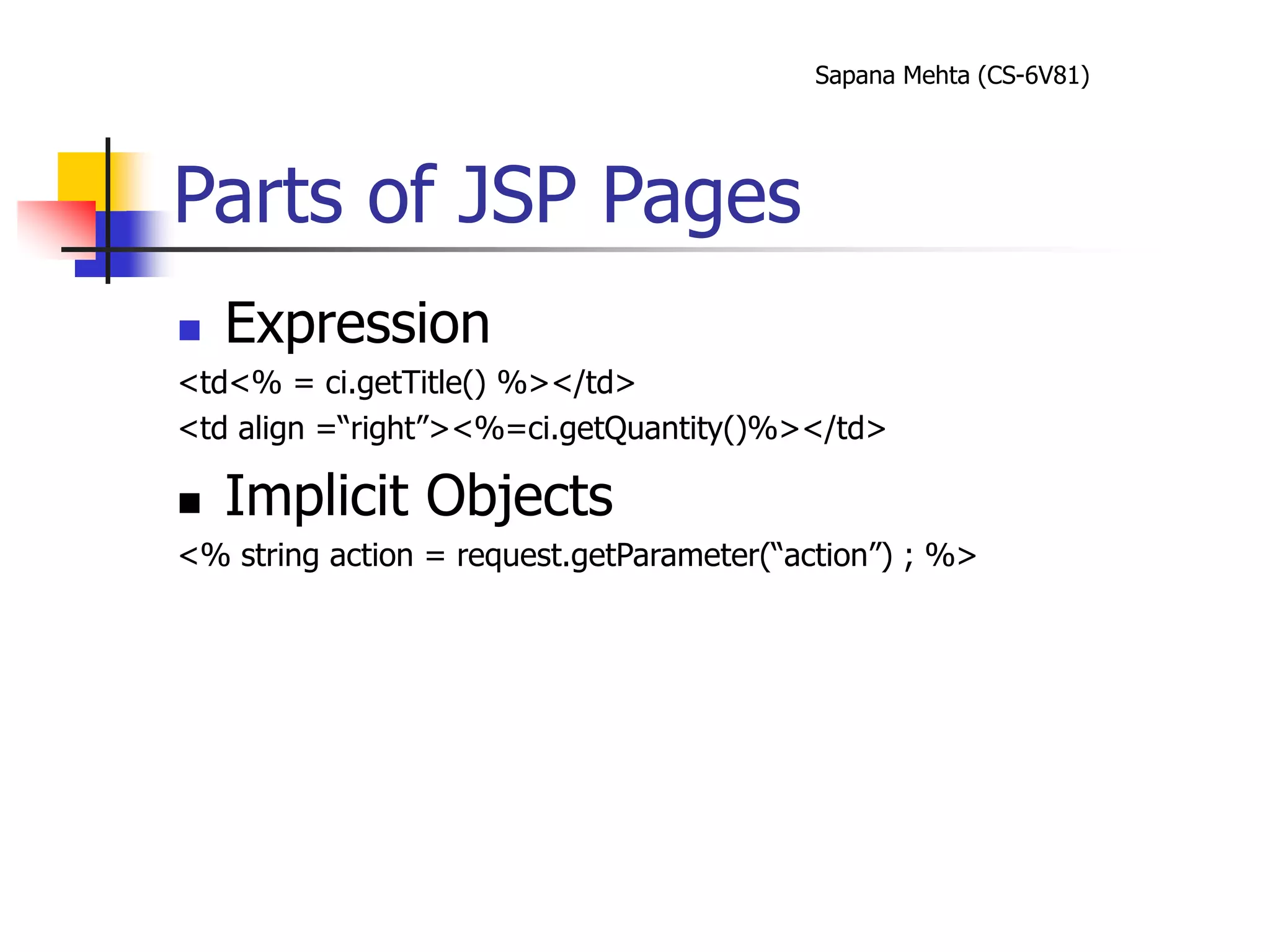 Sapana Mehta (CS-6V81)
Parts of JSP Pages
 Expression
<td<% = ci.getTitle() %></td>
<td align =“right”><%=ci.getQuantity()%></td>
 Implicit Objects
<% string action = request.getParameter(“action”) ; %>
 