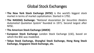 Global Stock Exchanges
• The New York Stock Exchange (NYSE) is the world’s biggest stock
market in terms of market capitalization. Started in 1792.
• The NASDAQ Exchange: ‘National Association for Securities Dealers
Automated Quotation System’ founded in 1971. Second largest after
NYSE.
• The American Stock Exchange (AMEX)
• European Stock Exchange London Stock Exchange (LSE), based on
which the BSE was modelled.
• Tokyo Stock Exchange, Shanghai Stock Exchange, Hong Kong Stock
Exchange, Singapore Stock Exchange, etc.
 