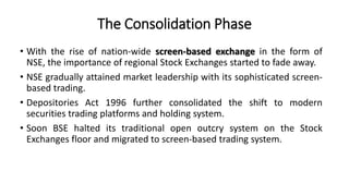 The Consolidation Phase
• With the rise of nation-wide screen-based exchange in the form of
NSE, the importance of regional Stock Exchanges started to fade away.
• NSE gradually attained market leadership with its sophisticated screen-
based trading.
• Depositories Act 1996 further consolidated the shift to modern
securities trading platforms and holding system.
• Soon BSE halted its traditional open outcry system on the Stock
Exchanges floor and migrated to screen-based trading system.
 
