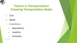 Factors in Transportation/
Choosing Transportation Modes
1. Cost
2. Speed
3. Consistency
1. Dependability
2. Capability
3. Availability
Dr. Amitabh Mishra
 