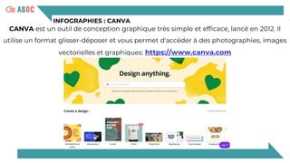 INFOGRAPHIES : CANVA
CANVA est un outil de conception graphique très simple et efficace, lancé en 2012. Il
utilise un format glisser-déposer et vous permet d'accéder à des photographies, images
vectorielles et graphiques: https://www.canva.com
 