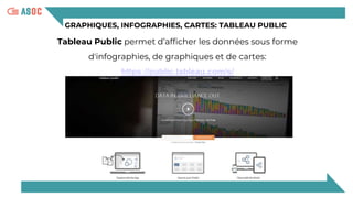 GRAPHIQUES, INFOGRAPHIES, CARTES: TABLEAU PUBLIC
Tableau Public permet d’afficher les données sous forme
d'infographies, de graphiques et de cartes:
https://public.tableau.com/s/
 