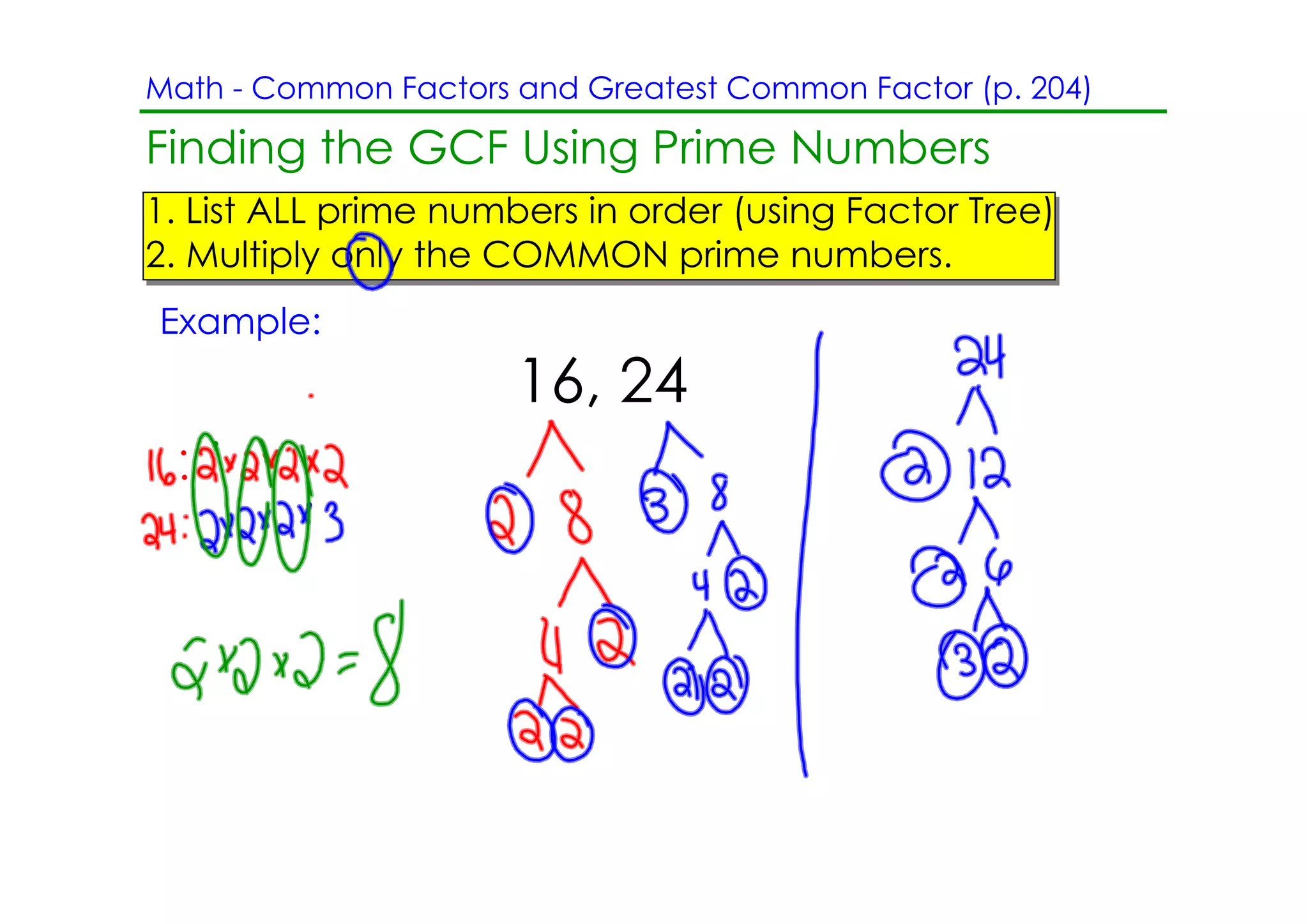 Math ­ Common Factors and Greatest Common Factor (p. 204)

Finding the GCF Using Prime Numbers
1. List ALL prime numbers in order (using Factor Tree)
2. Multiply only the COMMON prime numbers.
Example:
                      16, 24
 