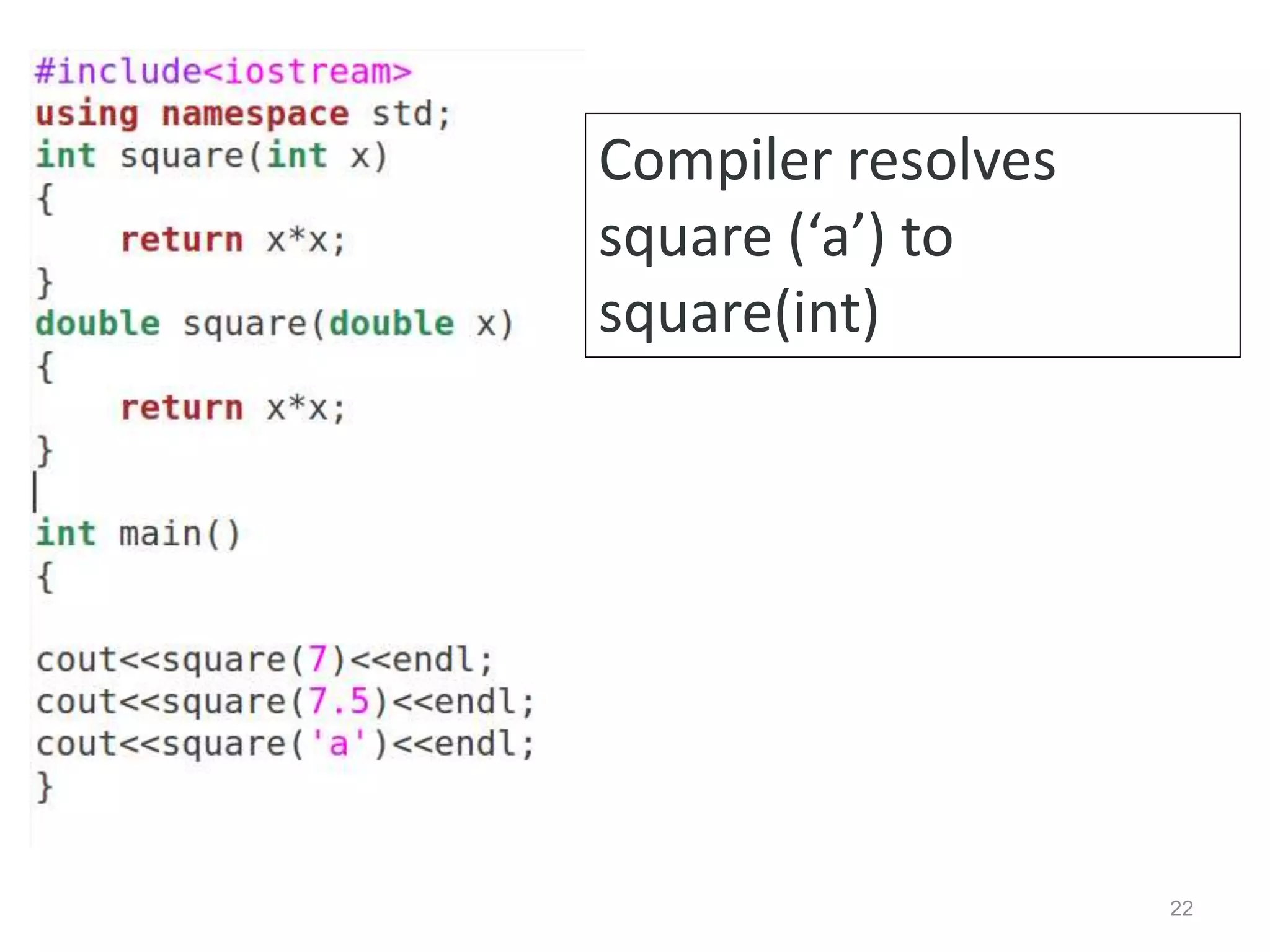 22
Compiler resolves
square (‘a’) to
square(int)
 