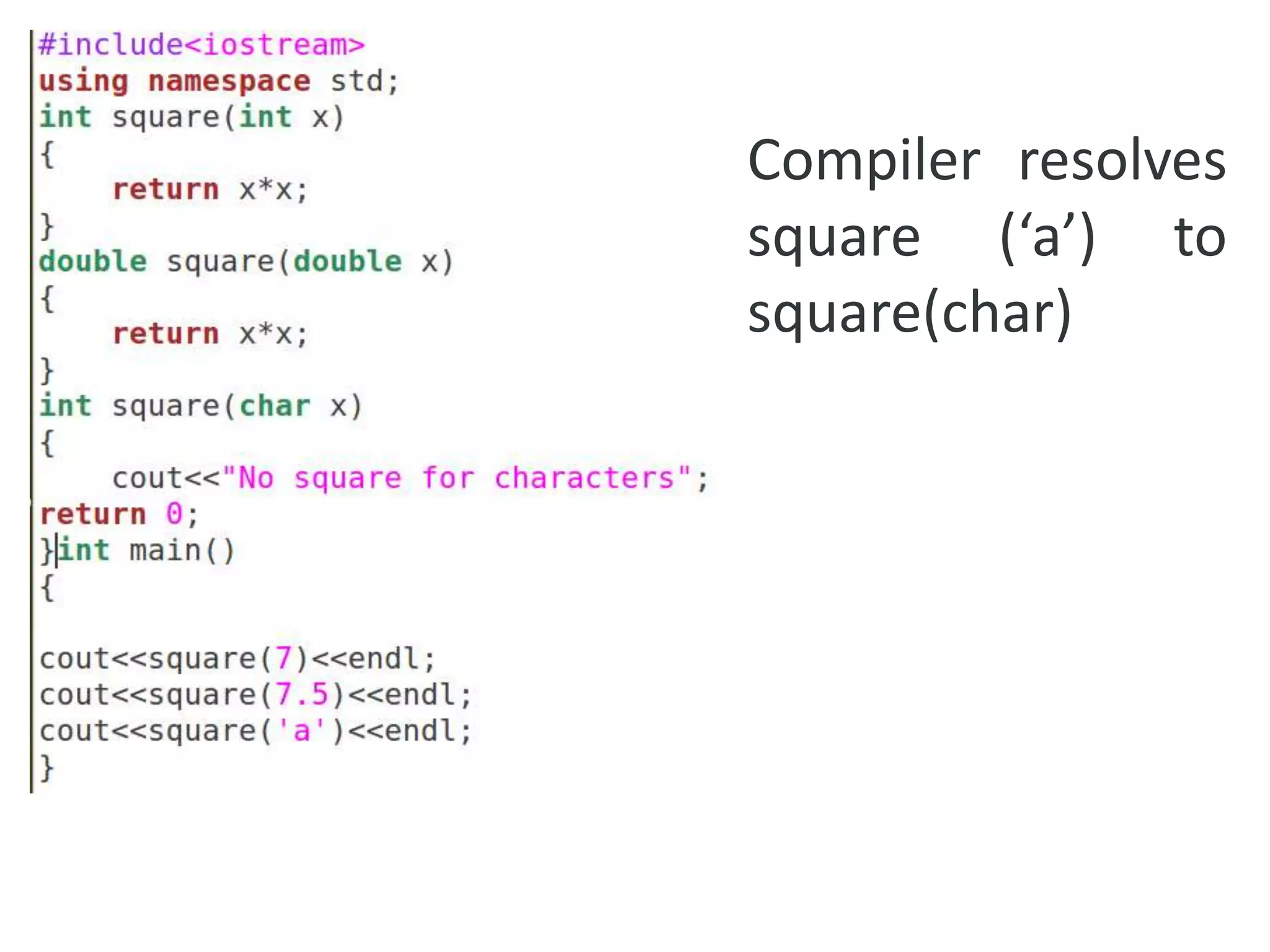 Compiler resolves
square (‘a’) to
square(char)
 