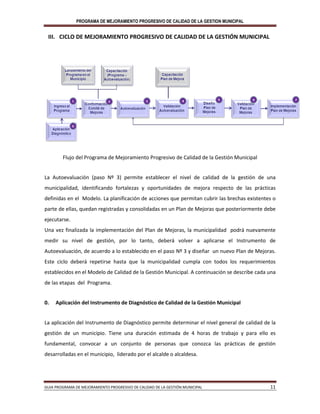 PROGRAMA DE MEJORAMIENTO PROGRESIVO DE CALIDAD DE LA GESTION MUNICIPAL
GUIA PROGRAMA DE MEJORAMIENTO PROGRESIVO DE CALIDAD DE LA GESTIÓN MUNICIPAL 11
III. CICLO DE MEJORAMIENTO PROGRESIVO DE CALIDAD DE LA GESTIÓN MUNICIPAL
Flujo del Programa de Mejoramiento Progresivo de Calidad de la Gestión Municipal
La Autoevaluación (paso Nº 3) permite establecer el nivel de calidad de la gestión de una
municipalidad, identificando fortalezas y oportunidades de mejora respecto de las prácticas
definidas en el Modelo. La planificación de acciones que permitan cubrir las brechas existentes o
parte de ellas, quedan registradas y consolidadas en un Plan de Mejoras que posteriormente debe
ejecutarse.
Una vez finalizada la implementación del Plan de Mejoras, la municipalidad podrá nuevamente
medir su nivel de gestión, por lo tanto, deberá volver a aplicarse el Instrumento de
Autoevaluación, de acuerdo a lo establecido en el paso Nº 3 y diseñar un nuevo Plan de Mejoras.
Este ciclo deberá repetirse hasta que la municipalidad cumpla con todos los requerimientos
establecidos en el Modelo de Calidad de la Gestión Municipal. A continuación se describe cada una
de las etapas del Programa.
0. Aplicación del Instrumento de Diagnóstico de Calidad de la Gestión Municipal
La aplicación del Instrumento de Diagnóstico permite determinar el nivel general de calidad de la
gestión de un municipio. Tiene una duración estimada de 4 horas de trabajo y para ello es
fundamental, convocar a un conjunto de personas que conozca las prácticas de gestión
desarrolladas en el municipio, liderado por el alcalde o alcaldesa.
 
