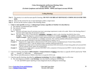 Colon, Rectosigmoid, and Rectum Histology Rules
C180-C189, C199, C209
(Excludes lymphoma and leukemia M9590 – M9992 and Kaposi sarcoma M9140)
Jump to Equivalent Terms and Definitions
Jump to Multiple Primary Rules
Coding Histology
Note 1: The priority is to code the most specific histology. DO NOT USE BREAST HISTOLOGY CODING RULES FOR THIS
SITE.
Note 2: Only use this section for one or more histologies within a single tumor.
Note 3: Do not use this section in place of the Histology Rules.
1. Code the most specific histology or subtype/type/variant, regardless of whether it is described as:
A. The majority or predominant part of tumor
B. The minority of tumor
C. A component
Note 1: Mucinous and signet ring cell carcinoma must meet a percentage requirement in order to be coded. Refer to the Histology Rules if
mucinous and/or signet ring cell carcinoma is present.
Note 2: The terms above (A, B, C) must describe a carcinoma or sarcoma in order to code a histology described by those terms.
Example: When the diagnosis is adenocarcinoma with a component of medullary carcinoma, code medullary carcinoma 8510.
Negative Example: When the diagnosis is simply adenocarcinoma with a medullary component, code adenocarcinoma NOS 8140.
Do not assume this is a medullary carcinoma. This could be medullary differentiation or features.
Note 3: When the most specific histology is described as differentiation or features, see #2.
Example 1: Diagnosis for a single tumor is adenocarcinoma 8140 with the majority or predominant part of tumor being medullary
adenocarcinoma 8510. Code the subtype/variant: medullary adenocarcinoma 8510.
Example 2: Diagnosis for a single tumor is mixed neuroendocrine carcinoma 8244 with minority of tumor being goblet cell carcinoid 8243.
Code the subtype/variant: goblet cell carcinoid 8243.
Example 3: Diagnosis for a single tumor is sarcoma NOS 8800/3 with a component of leiomyosarcoma 8890/3. Code the subtype/variant:
leiomyosarcoma 8890/3.
2. Code the histology described as differentiation or features/features of ONLY when there is a specific ICD-O code for the “NOS
with ____ features” or “NOS with ____ differentiation”.
Note: Do not code differentiation or features when there is no specific ICD-O code.
3. Code the specific histology described by ambiguous terminology (list follows) ONLY when A or B is true:
A. The only diagnosis available is one histology term described by ambiguous terminology
• CoC and SEER require reporting of cases diagnosed only by ambiguous terminology
Colon Solid Tumor Rules
December 2020 Update
28
 