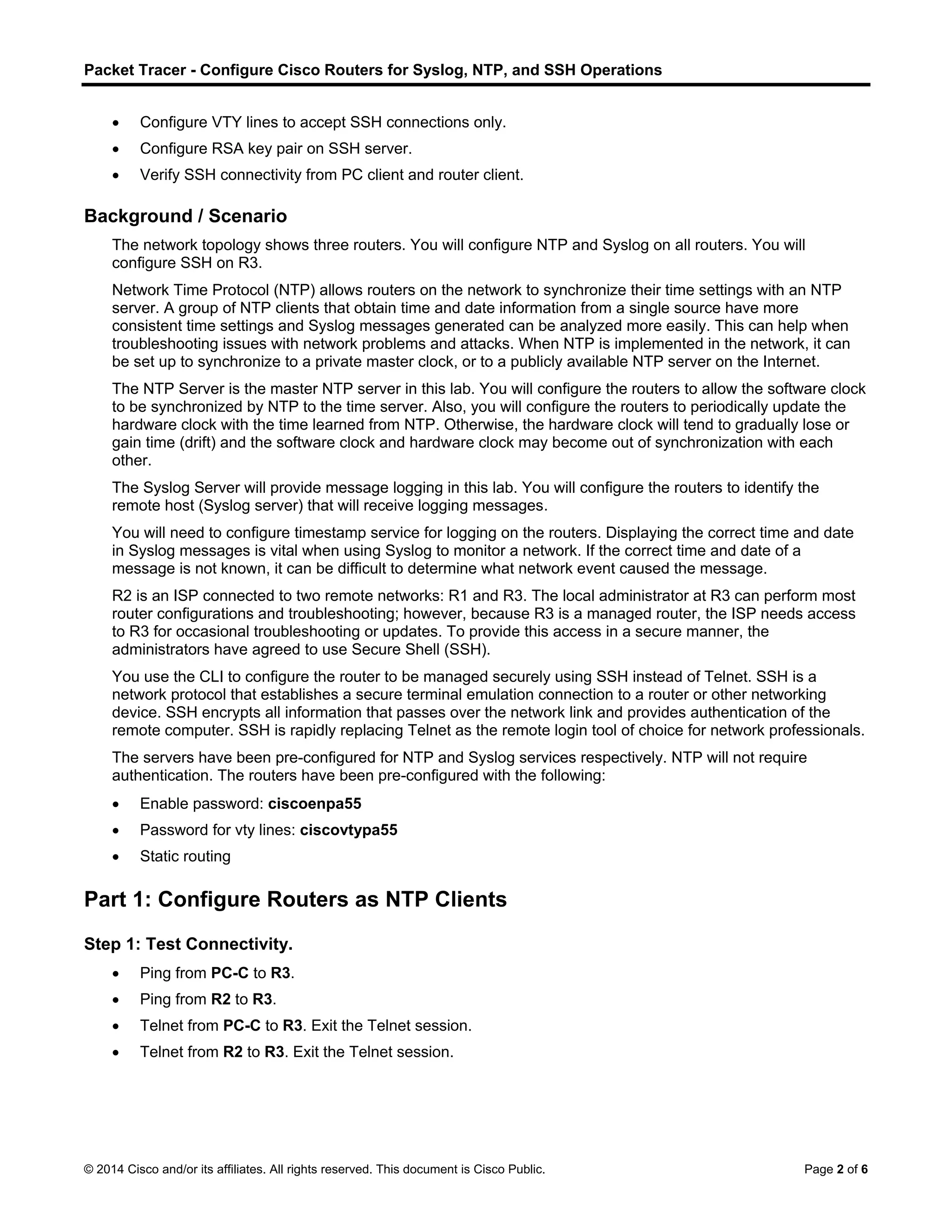2.5.1.2 packet tracer configure cisco routers for syslog, ntp, and ssh  operations instructor | PDF
