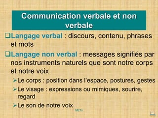 Communication verbale et non
verbale
❑Langage verbal : discours, contenu, phrases
et mots
❑Langage non verbal : messages signifiés par
nos instruments naturels que sont notre corps
et notre voix
➢Le corps : position dans l’espace, postures, gestes
➢Le visage : expressions ou mimiques, sourire,
regard
➢Le son de notre voix
MLTv
 