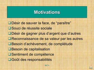 ❑Désir de sauver la face, de “paraître”
❑Souci de réussite sociale
❑Désir de gagner plus d’argent que d’autres
❑Reconnaissance de sa valeur par les autres
❑Besoin d’achèvement, de complétude
❑Besoin de capitalisation
❑Sentiment de compétence
❑Goût des responsabilités
Motivations
MLTv
 