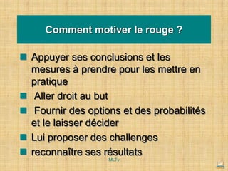 Comment motiver le rouge ?
◼ Appuyer ses conclusions et les
mesures à prendre pour les mettre en
pratique
◼ Aller droit au but
◼ Fournir des options et des probabilités
et le laisser décider
◼ Lui proposer des challenges
◼ reconnaître ses résultats
MLTv
 