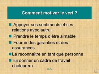 Comment motiver le vert ?
◼ Appuyer ses sentiments et ses
relations avec autrui
◼ Prendre le temps d’être aimable
◼ Fournir des garanties et des
assurances
◼Le reconnaître en tant que personne
◼ lui donner un cadre de travail
chaleureux
MLTv
 