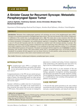 A Sinister Cause for Recurrent Syncope: Metastatic Parapharyngeal Space ...