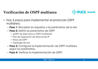 OSPF – Multiarea 14
Verificación de OSPF multiarea
• Hay 4 pasos para implementar el protocolo OSPF
multiárea:
– Paso 1: Recopilar los requisitos y los parámetros de la red
– Paso 2: Definir los parámetros de OSPF
• ¿OSPF de área única y OSPF multiárea?
• Plan de asignación de direcciones IP
• Áreas de OSPF
• Topología de red
– Paso 3: Configurar la implementación de OSPF multiárea
según los parámetros.
– Paso 4: Verificar la implementación de OSPF.
 