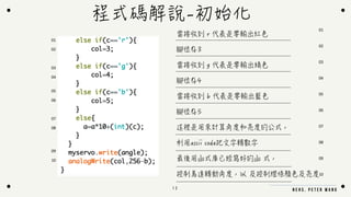 N E H S . P E T E R W A N G
1 2
程式碼解說-初始化
當接收到 r 代表是要輸出紅色
腳位存3
當接收到 g 代表是要輸出綠色
腳位存4
當接收到 b 代表是要輸出籃色
腳位存5
這裡是用來計算角度和亮度的公式，
利用ascii code把文字轉數字
最後用函式庫已經寫好的函 式，
控制馬達轉動角度，以 及控制燈條顏色及亮度
01
02
03
04
05
06
07
08
09
10
01
02
03
04
05
06
07
08
09
10
 