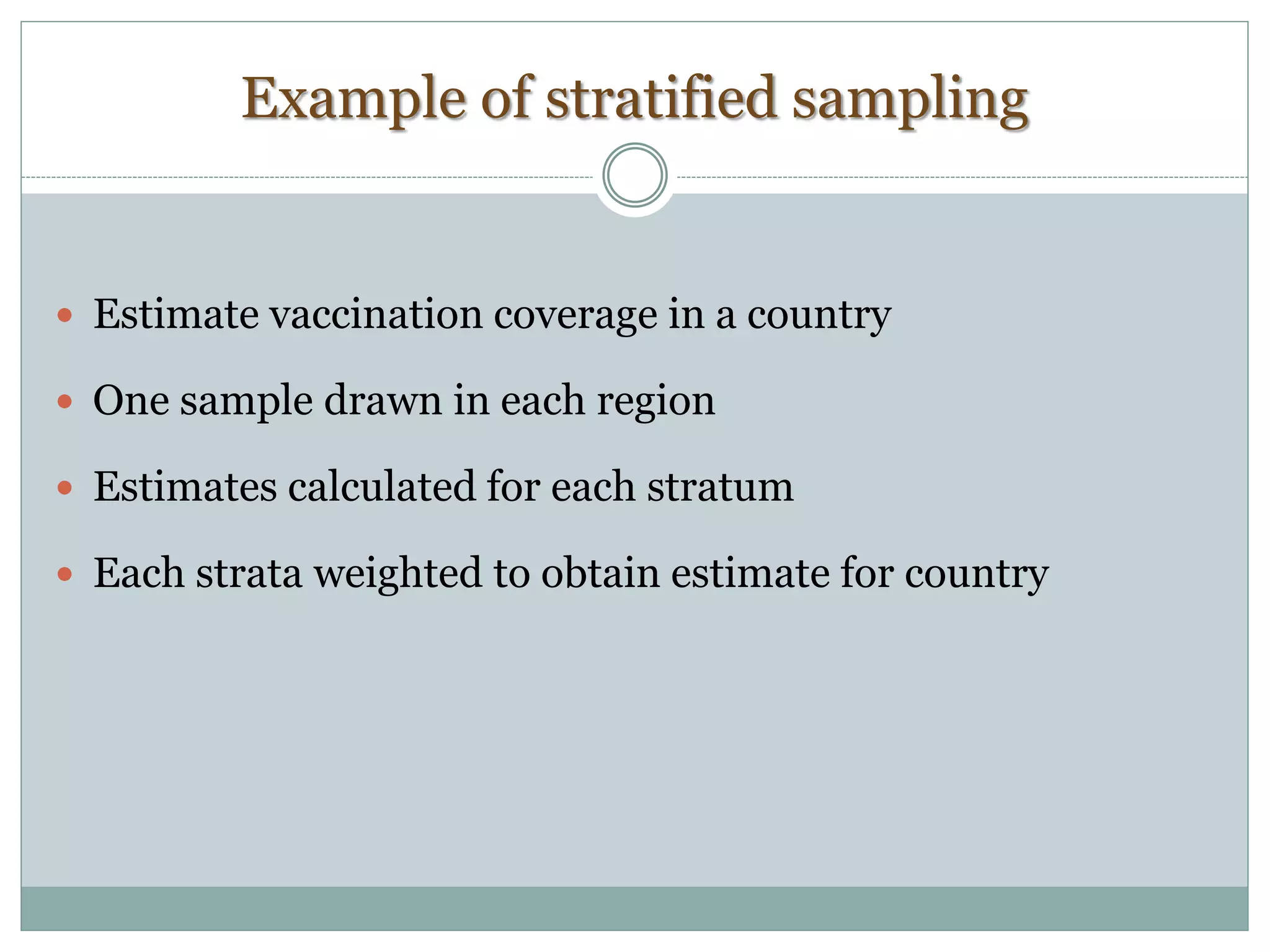 Example of stratified sampling
 Estimate vaccination coverage in a country
 One sample drawn in each region
 Estimates calculated for each stratum
 Each strata weighted to obtain estimate for country
 