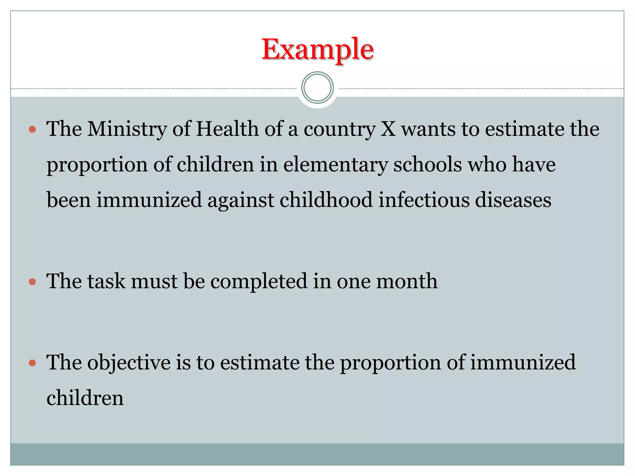 Example
 The Ministry of Health of a country X wants to estimate the
proportion of children in elementary schools who have
been immunized against childhood infectious diseases
 The task must be completed in one month
 The objective is to estimate the proportion of immunized
children
 