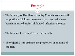 Example
 The Ministry of Health of a country X wants to estimate the
proportion of children in elementary schools who have
been immunized against childhood infectious diseases
 The task must be completed in one month
 The objective is to estimate the proportion of immunized
children
 