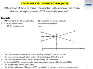 • if the impact of the project is on consumption in the economy, the basis of
shadow pricing is consumers WTP. How is this measured?
Example
• DD’ represents the demand schedule SS’ represents the supply schedule
• E the equilibrium point OQ the quantity bought
OP the price per unit
• The consumer who buys the first unit of is willing to pay OD for that unit and
• The consumer who buys the last unit is willingness to pay OP for that unit.
• The consumer WTP for various units is indicated by the schedule DE.
• So the total WTP by consumers who buy the product is measured by the area ODEQ.
• The price paid by them is only OPEQ.
• The difference between ODEQ and OPEQ, namely DEP, is referred to as the consumer surplus.
10
CONSUMERS WILLINGNESS TO PAY (WTP)
 