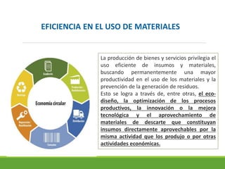 La producción de bienes y servicios privilegia el
uso eficiente de insumos y materiales,
buscando permanentemente una mayor
productividad en el uso de los materiales y la
prevención de la generación de residuos.
Esto se logra a través de, entre otras, el eco-
diseño, la optimización de los procesos
productivos, la innovación o la mejora
tecnológica y el aprovechamiento de
materiales de descarte que constituyan
insumos directamente aprovechables por la
misma actividad que los produjo o por otras
actividades económicas.
EFICIENCIA EN EL USO DE MATERIALES
 