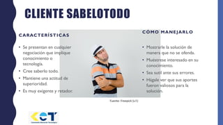 CLIENTE SABELOTODO
CARACTERÍSTICAS
• Se presentan en cualquier
negociación que implique
conocimiento o
tecnología.
• Cree saberlo todo.
• Mantiene una actitud de
superioridad.
• Es muy exigente y retador.
CÓMO MANEJARLO
• Mostrarle la solución de
manera que no se ofenda.
• Muéstrese interesado en su
conocimiento.
• Sea sutil ante sus errores.
• Hágale ver que sus aportes
fueron valiosos para la
solución.
Fuente: Freepick (s.f.)
 
