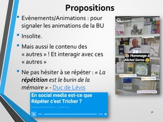 Propositions
• Evènements/Animations : pour
signaler les animations de la BU
• Insolite.
• Mais aussi le contenu des
« aut...