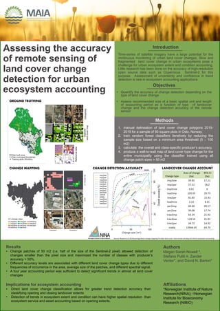 Assessing the accuracy
of remote sensing of
land cover change
detection for urban
ecosystem accounting
Introduction
Time-series of satellite imagery have a large potential for the
continuous monitoring of urban land cover changes. Slow and
fragmented land cover change in urban ecosystems pose a
challenge for urban ecosystem extent and condition accounting.
Little research has been done on the accuracy of high-resolution
open source data such as Copernicus Sentinel-2 for this
purpose. Assessment of uncertainty and confidence in trend
detection is rare in ecosystem accounting applications
Objectives
• Quantify the accuracy of change detection depending on the
type of land cover change
• Assess recommended size of a basic spatial unit and length
of accounting period as a function of type of landcover
change and the change detection accuracy of the remote
sensor
Methods
Results
• Change patches of 50 m2 (i.e. half of the size of the Sentinel-2 pixel) allowed detection of
changes smaller than the pixel size and maximized the number of classes with producer’s
accuracy > 50%.
• Different accuracy levels are associated with different land cover change types due to different
frequencies of occurrence in the area, average size of the patches, and different spectral signal.
• A four year accounting period was sufficient to detect significant trends in almost all land cover
changes
Implications for ecosystem accounting
• Direct land cover change classification allows for greater trend detection accuracy than
classifying opening and closing landcover extents
• Detection of trends in ecosystem extent and condition can have higher spatial resolution than
ecosystem service and asset accounting based on opening extents.
Authors
Megan Sarah Nowell *,
Stefano Puliti ¤, Zander
Venter*, and David N. Barton*
Affiliations
*Norwegian Institute of Nature
Research(NINA); ¤Norwegian
Institute for Bioeconomy
Research (NIBIO)
1. manual delineation of land cover change polygons 2015-
2019 for a sample of 93 square plots in Oslo, Norway.
2. train random forest classifiers iteratively by reducing the
sample size based on a minimum area threshold (5 – 100
m2)
3. calculate the overall and class-specific producer’s accuracy.
4. produce a wall-to-wall map of land cover type change for the
entire municipality using the classifier trained using all
change patch sizes > 50 m2
Source: Nowell et al. (forthcoming) Direct change mapping of urban land cover: how remote sensing can inform ecosystem accounting
GROUND TRUTHING
CHANGE MAPPING CHANGE DETECTION ACCURACY LANDCOVER CHANGE ACCOUNT
 