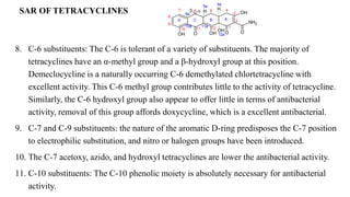 SAR OF TETRACYCLINES
8. C-6 substituents: The C-6 is tolerant of a variety of substituents. The majority of
tetracyclines have an α-methyl group and a β-hydroxyl group at this position.
Demeclocycline is a naturally occurring C-6 demethylated chlortetracycline with
excellent activity. This C-6 methyl group contributes little to the activity of tetracycline.
Similarly, the C-6 hydroxyl group also appear to offer little in terms of antibacterial
activity, removal of this group affords doxycycline, which is a excellent antibacterial.
9. C-7 and C-9 substituents: the nature of the aromatic D-ring predisposes the C-7 position
to electrophilic substitution, and nitro or halogen groups have been introduced.
10. The C-7 acetoxy, azido, and hydroxyl tetracyclines are lower the antibacterial activity.
11. C-10 substituents: The C-10 phenolic moiety is absolutely necessary for antibacterial
activity.
OH
OH
NH2
O
OH
OH
O O
H
H
 
1
2
3
4
5
6
7
8
9
10 11 12
A
B
C
D
4a
5a
6a
10a 11a
12a
 