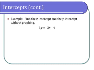 Intercepts (cont.)
⚫ Example: Find the x-intercept and the y-intercept
without graphing.
3 2 4
y x
= − +
 