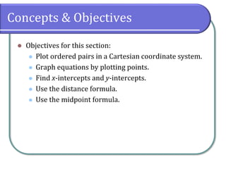 Concepts & Objectives
⚫ Objectives for this section:
⚫ Plot ordered pairs in a Cartesian coordinate system.
⚫ Graph equations by plotting points.
⚫ Find x-intercepts and y-intercepts.
⚫ Use the distance formula.
⚫ Use the midpoint formula.
 