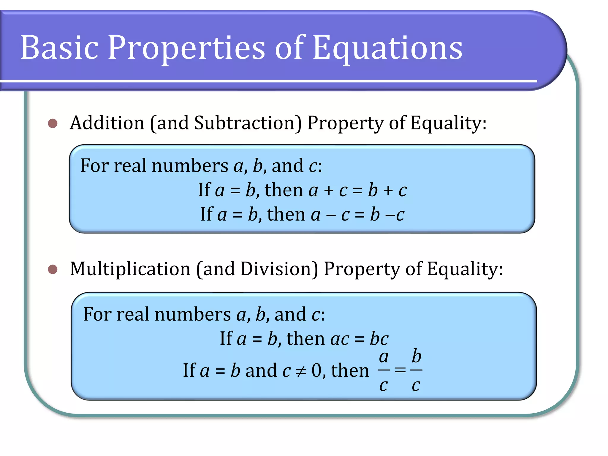 Basic Properties of Equations
⚫ Addition (and Subtraction) Property of Equality:
⚫ Multiplication (and Division) Property of Equality:
For real numbers a, b, and c:
If a = b, then ac = bc
If a = b and c  0, then
a b
c c
=
For real numbers a, b, and c:
If a = b, then a + c = b + c
If a = b, then a ‒ c = b ‒c
 