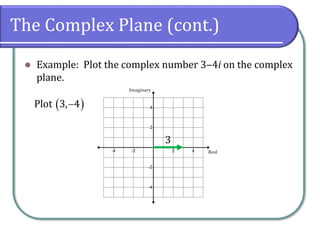 The Complex Plane (cont.)
⚫ Example: Plot the complex number 3‒4i on the complex
plane.
3
( )
Plot 3, 4
−
 