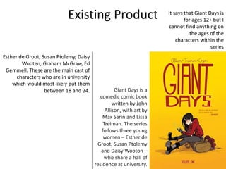 Existing Product
Giant Days is a
comedic comic book
written by John
Allison, with art by
Max Sarin and Lissa
Treiman. The series
follows three young
women – Esther de
Groot, Susan Ptolemy
and Daisy Wooton –
who share a hall of
residence at university.
It says that Giant Days is
for ages 12+ but I
cannot find anything on
the ages of the
characters within the
series
Esther de Groot, Susan Ptolemy, Daisy
Wooten, Graham McGraw, Ed
Gemmell. These are the main cast of
characters who are in university
which would most likely put them
between 18 and 24.
 