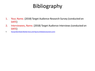 Bibliography
1. Your, Name. (2018) Target Audience Research Survey (conducted on
DATE)
2. Interviewees, Name. (2018) Target Audience Interviews (conducted on
DATE)
3. Young Adult Book Market Facts and Figures (thebalancecareers.com)
 