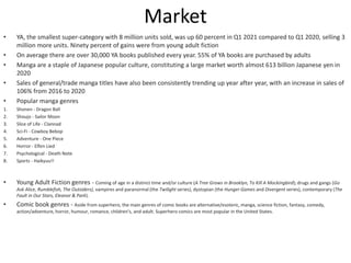 Market
• YA, the smallest super-category with 8 million units sold, was up 60 percent in Q1 2021 compared to Q1 2020, selling 3
million more units. Ninety percent of gains were from young adult fiction
• On average there are over 30,000 YA books published every year. 55% of YA books are purchased by adults
• Manga are a staple of Japanese popular culture, constituting a large market worth almost 613 billion Japanese yen in
2020
• Sales of general/trade manga titles have also been consistently trending up year after year, with an increase in sales of
106% from 2016 to 2020
• Popular manga genres
1. Shonen - Dragon Ball
2. Shoujo - Sailor Moon
3. Slice of Life - Clannad
4. Sci-Fi - Cowboy Bebop
5. Adventure - One Piece
6. Horror - Elfen Lied
7. Psychological - Death Note
8. Sports - Haikyuu!!
• Young Adult Fiction genres - Coming of age in a distinct time and/or culture (A Tree Grows in Brooklyn, To Kill A Mockingbird); drugs and gangs (Go
Ask Alice, Rumblefish, The Outsiders), vampires and paranormal (the Twilight series), dystopian (the Hunger Games and Divergent series), contemporary (The
Fault in Our Stars, Eleanor & Park).
• Comic book genres - Aside from superhero, the main genres of comic books are alternative/esoteric, manga, science fiction, fantasy, comedy,
action/adventure, horror, humour, romance, children's, and adult. Superhero comics are most popular in the United States.
 