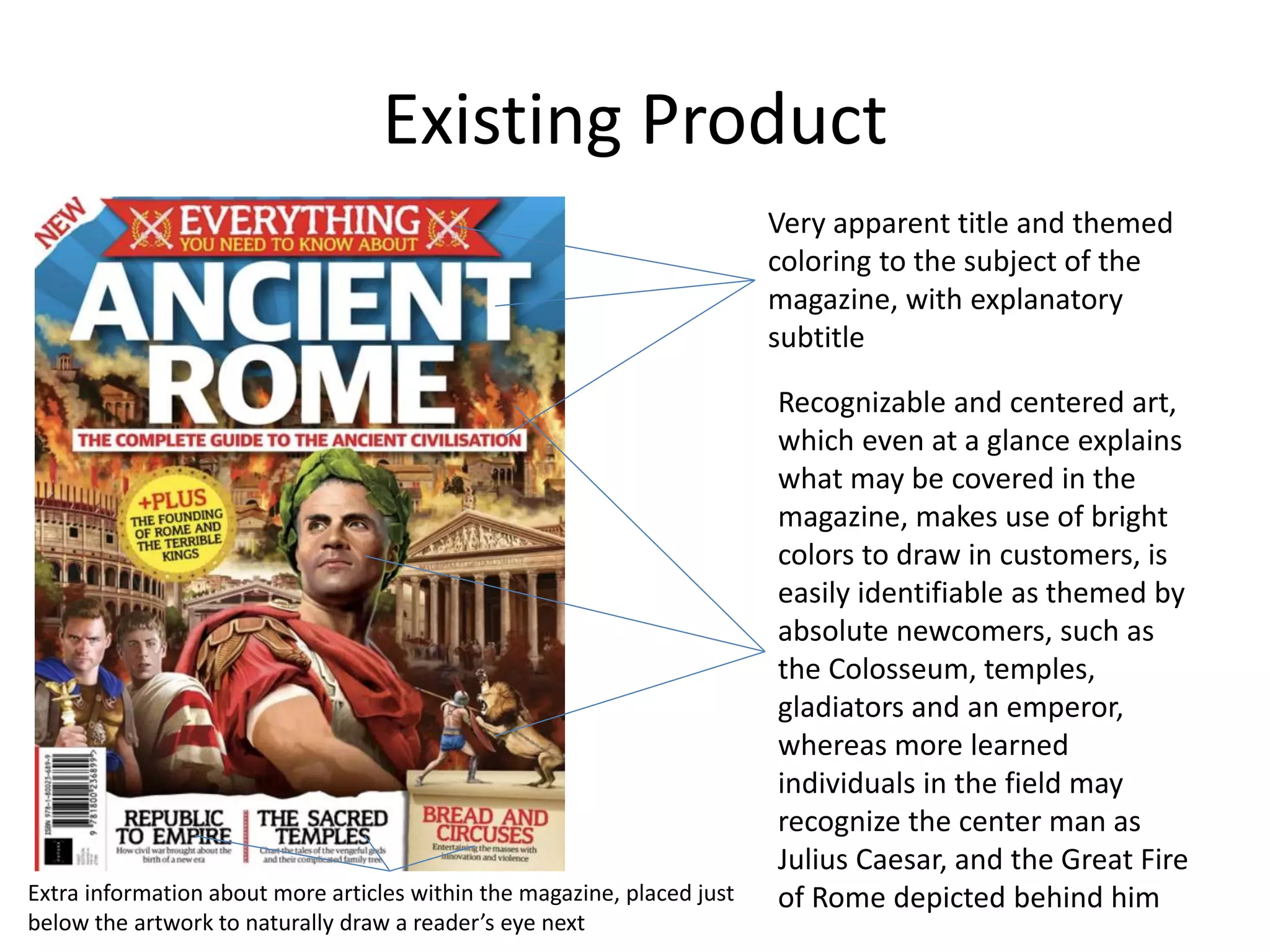 Existing Product
Very apparent title and themed
coloring to the subject of the
magazine, with explanatory
subtitle
Recognizable and centered art,
which even at a glance explains
what may be covered in the
magazine, makes use of bright
colors to draw in customers, is
easily identifiable as themed by
absolute newcomers, such as
the Colosseum, temples,
gladiators and an emperor,
whereas more learned
individuals in the field may
recognize the center man as
Julius Caesar, and the Great Fire
of Rome depicted behind him
Extra information about more articles within the magazine, placed just
below the artwork to naturally draw a reader’s eye next
 