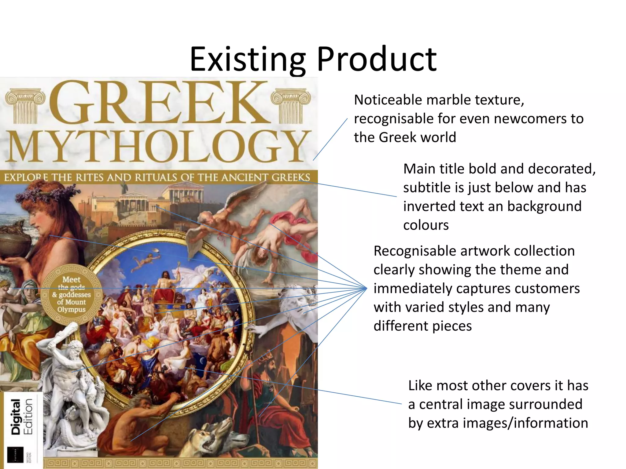 Existing Product
Noticeable marble texture,
recognisable for even newcomers to
the Greek world
Main title bold and decorated,
subtitle is just below and has
inverted text an background
colours
Recognisable artwork collection
clearly showing the theme and
immediately captures customers
with varied styles and many
different pieces
Like most other covers it has
a central image surrounded
by extra images/information
 
