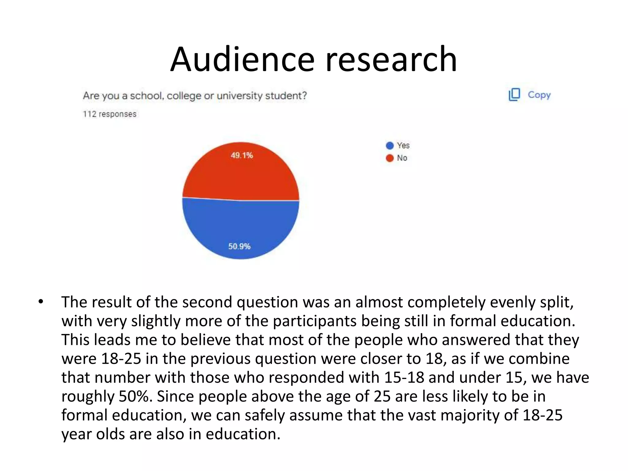 Audience research
• The result of the second question was an almost completely evenly split,
with very slightly more of the participants being still in formal education.
This leads me to believe that most of the people who answered that they
were 18-25 in the previous question were closer to 18, as if we combine
that number with those who responded with 15-18 and under 15, we have
roughly 50%. Since people above the age of 25 are less likely to be in
formal education, we can safely assume that the vast majority of 18-25
year olds are also in education.
 