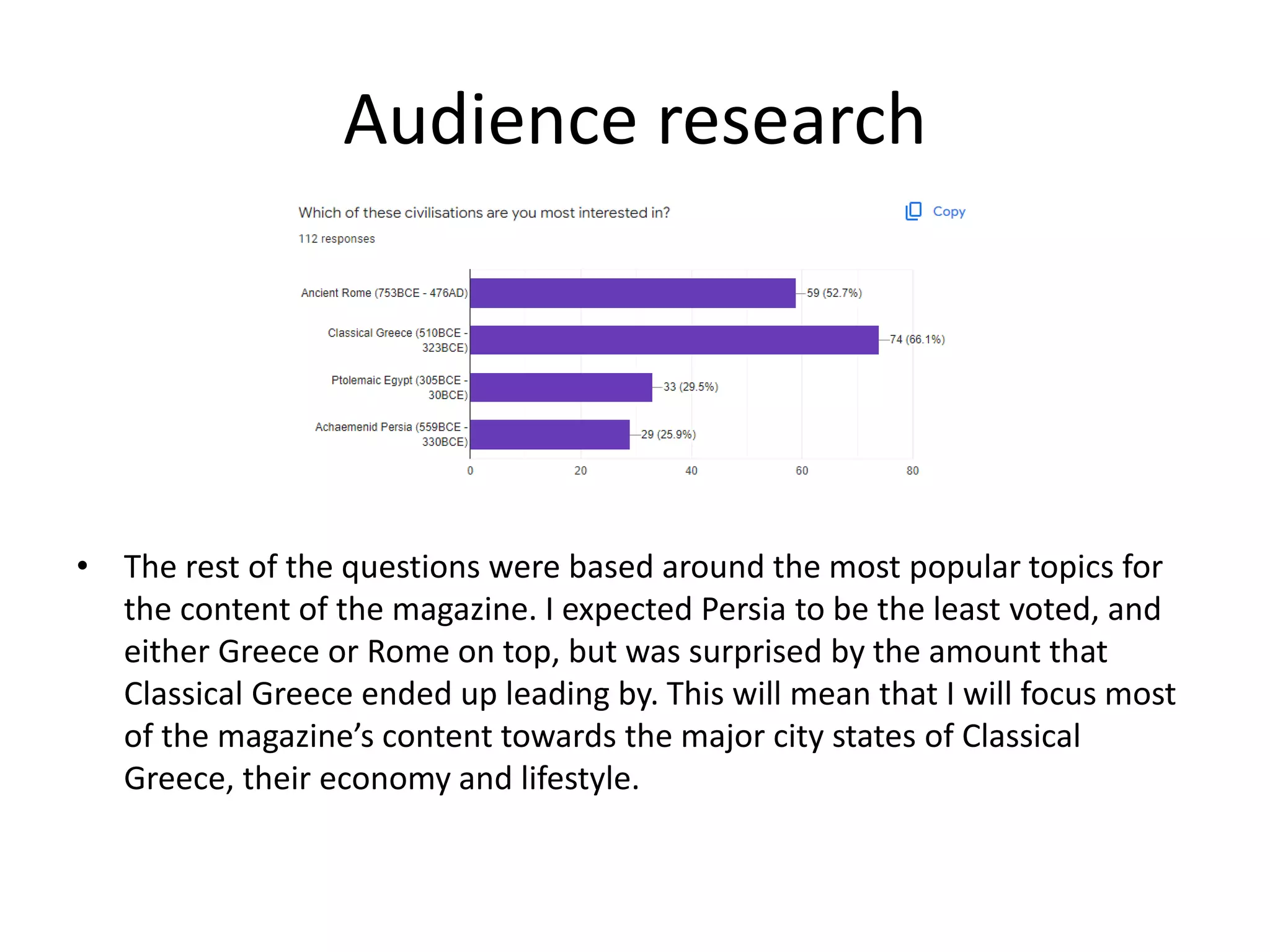 Audience research
• The rest of the questions were based around the most popular topics for
the content of the magazine. I expected Persia to be the least voted, and
either Greece or Rome on top, but was surprised by the amount that
Classical Greece ended up leading by. This will mean that I will focus most
of the magazine’s content towards the major city states of Classical
Greece, their economy and lifestyle.
 