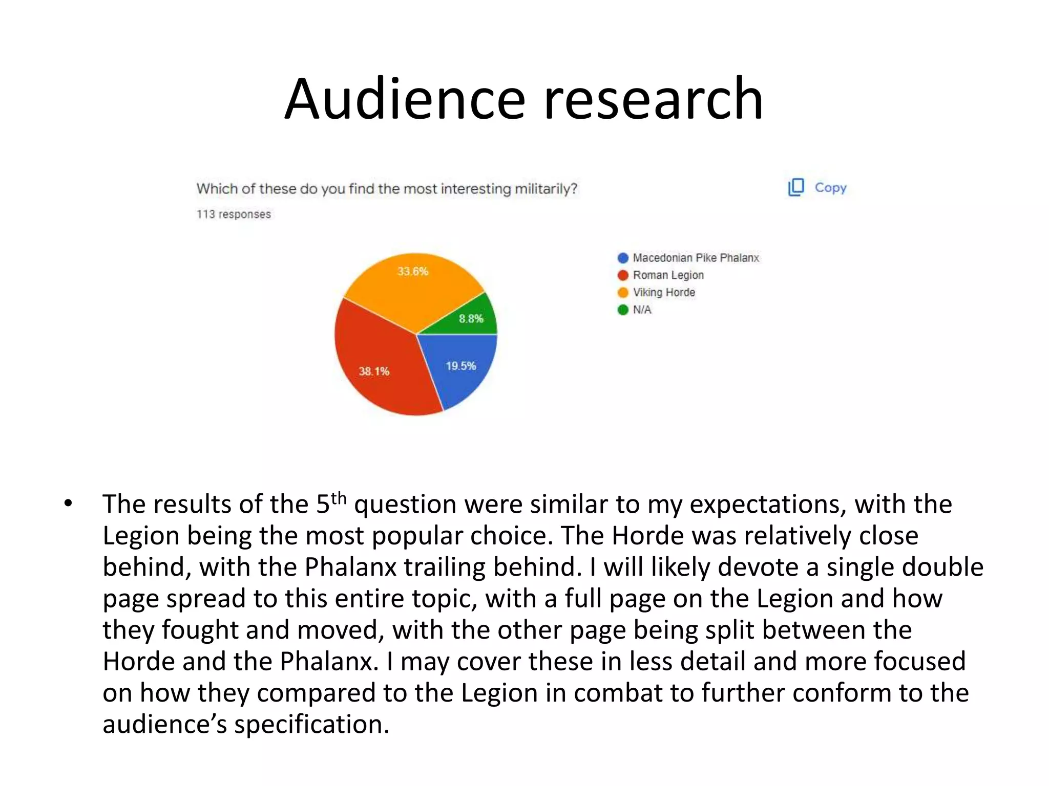 Audience research
• The results of the 5th question were similar to my expectations, with the
Legion being the most popular choice. The Horde was relatively close
behind, with the Phalanx trailing behind. I will likely devote a single double
page spread to this entire topic, with a full page on the Legion and how
they fought and moved, with the other page being split between the
Horde and the Phalanx. I may cover these in less detail and more focused
on how they compared to the Legion in combat to further conform to the
audience’s specification.
 