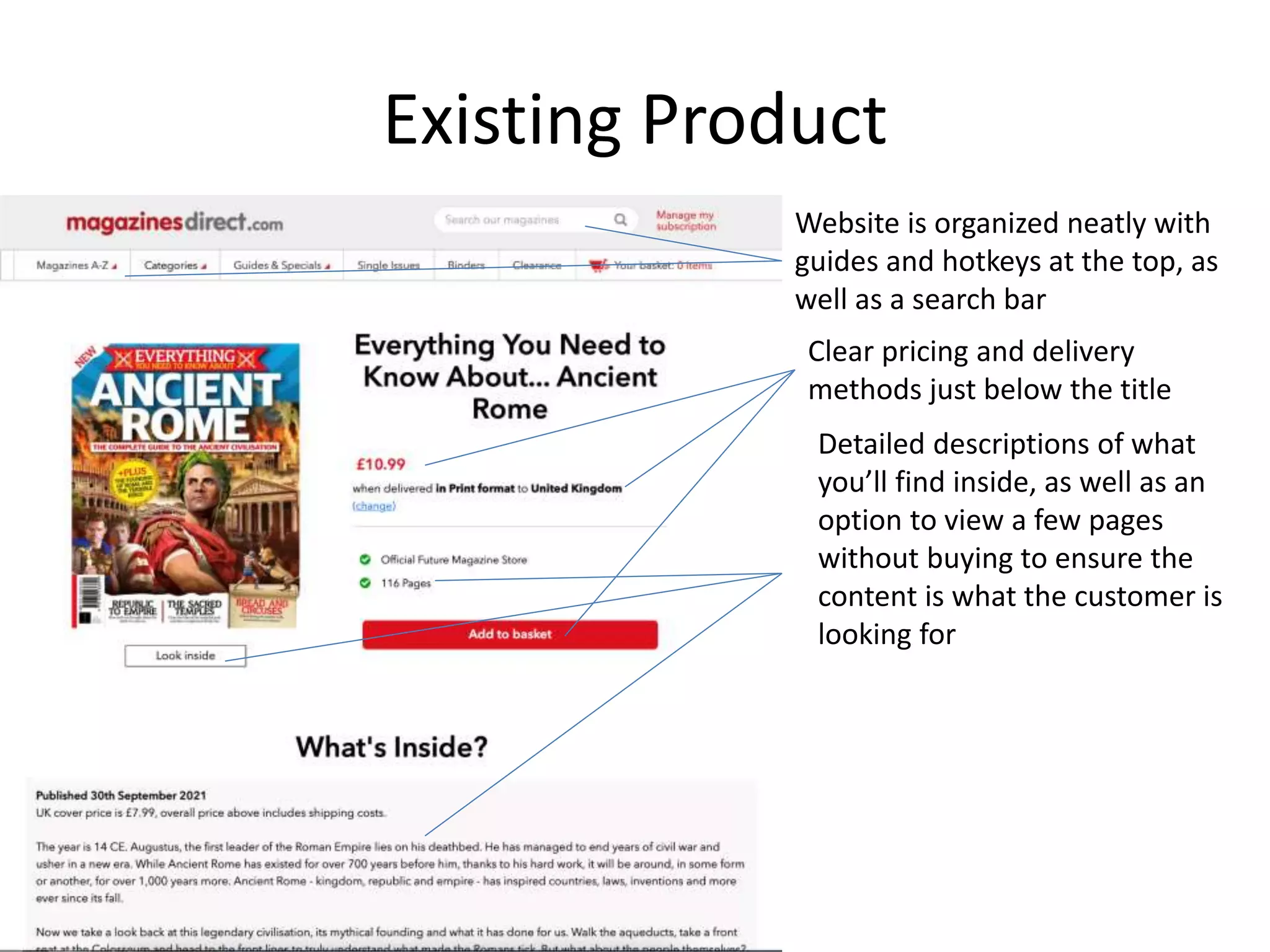 Existing Product
Website is organized neatly with
guides and hotkeys at the top, as
well as a search bar
Clear pricing and delivery
methods just below the title
Detailed descriptions of what
you’ll find inside, as well as an
option to view a few pages
without buying to ensure the
content is what the customer is
looking for
 