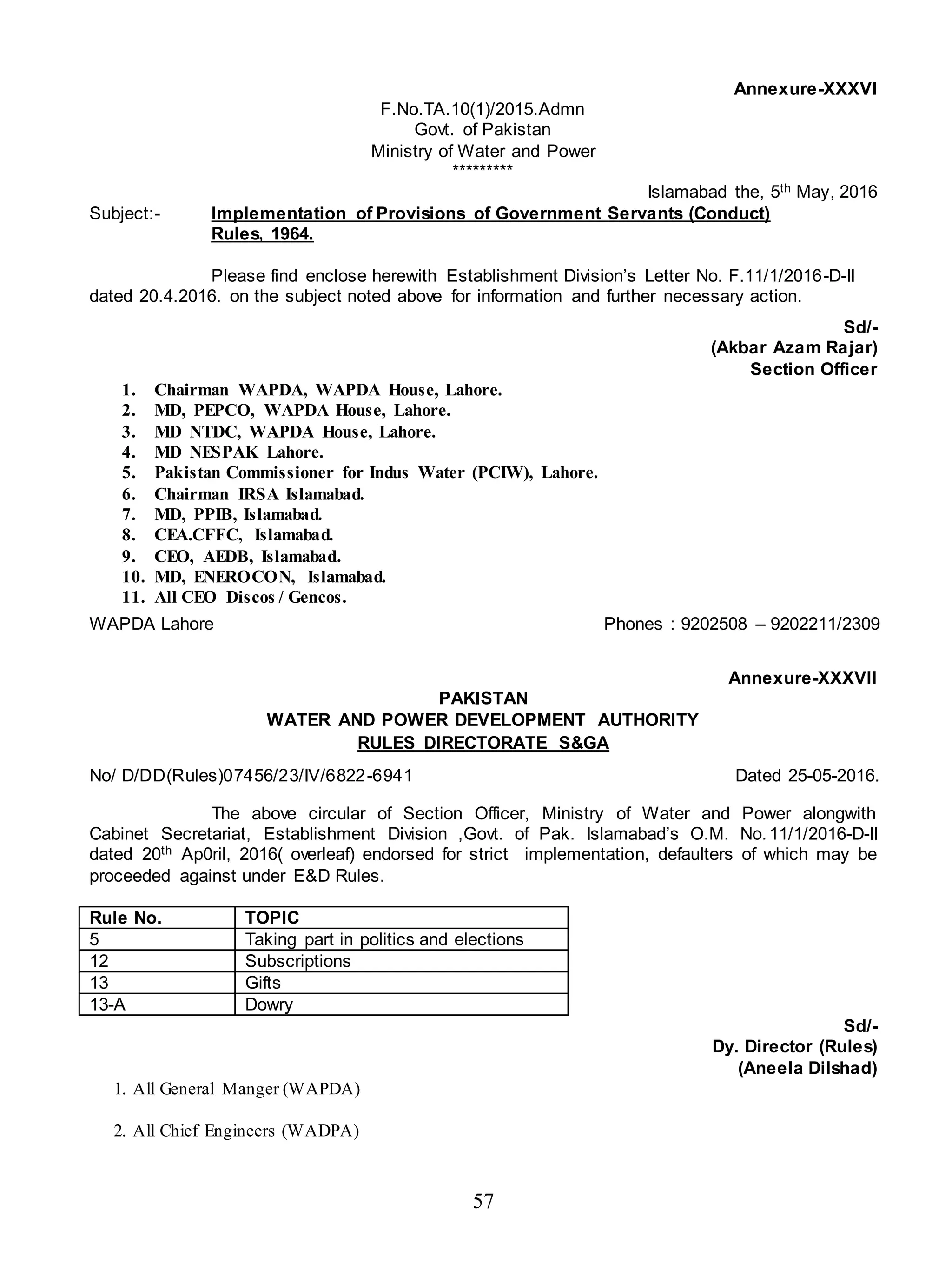 57
Annexure-XXXVI
F.No.TA.10(1)/2015.Admn
Govt. of Pakistan
Ministry of Water and Power
*********
Islamabad the, 5th May, 2016
Subject:- Implementation of Provisions of Government Servants (Conduct)
Rules, 1964.
Please find enclose herewith Establishment Division’s Letter No. F.11/1/2016-D-II
dated 20.4.2016. on the subject noted above for information and further necessary action.
Sd/-
(Akbar Azam Rajar)
Section Officer
1. Chairman WAPDA, WAPDA House, Lahore.
2. MD, PEPCO, WAPDA House, Lahore.
3. MD NTDC, WAPDA House, Lahore.
4. MD NESPAK Lahore.
5. Pakistan Commissioner for Indus Water (PCIW), Lahore.
6. Chairman IRSA Islamabad.
7. MD, PPIB, Islamabad.
8. CEA.CFFC, Islamabad.
9. CEO, AEDB, Islamabad.
10. MD, ENEROCON, Islamabad.
11. All CEO Discos / Gencos.
WAPDA Lahore Phones : 9202508 – 9202211/2309
Annexure-XXXVII
PAKISTAN
WATER AND POWER DEVELOPMENT AUTHORITY
RULES DIRECTORATE S&GA
No/ D/DD(Rules)07456/23/IV/6822-6941 Dated 25-05-2016.
The above circular of Section Officer, Ministry of Water and Power alongwith
Cabinet Secretariat, Establishment Division ,Govt. of Pak. Islamabad’s O.M. No.11/1/2016-D-II
dated 20th Ap0ril, 2016( overleaf) endorsed for strict implementation, defaulters of which may be
proceeded against under E&D Rules.
Rule No. TOPIC
5 Taking part in politics and elections
12 Subscriptions
13 Gifts
13-A Dowry
Sd/-
Dy. Director (Rules)
(Aneela Dilshad)
1. All General Manger (WAPDA)
2. All Chief Engineers (WADPA)
 