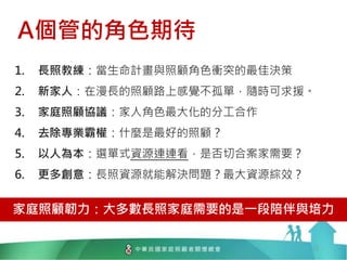 家庭照顧韌力：大多數長照家庭需要的是一段陪伴與培力
1. 長照教練：當生命計畫與照顧角色衝突的最佳決策
2. 新家人：在漫長的照顧路上感覺不孤單，隨時可求援。
3. 家庭照顧協議：家人角色最大化的分工合作
4. 去除專業霸權：什麼是最好的照顧？
5. 以人為本：選單式資源連連看，是否切合案家需要？
6. 更多創意：長照資源就能解決問題？最大資源綜效？
12
A個管的角色期待
 